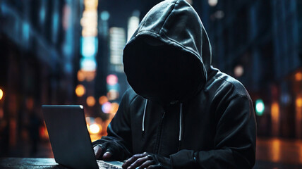 Fototapeta premium Unrecognizable hacker in hoodie. Concept of cybersecurity. Cyberattack and internet crime, hacking and malware concepts.