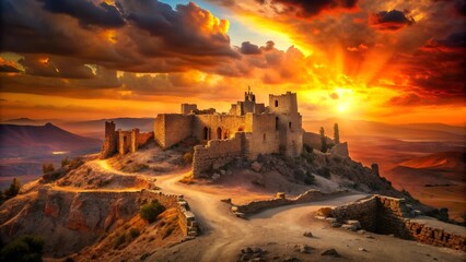 A haunting depiction of a ruined castle, symbolic of the destruction of the Temple, against a backdrop of a fiery sunset.  Generative AI