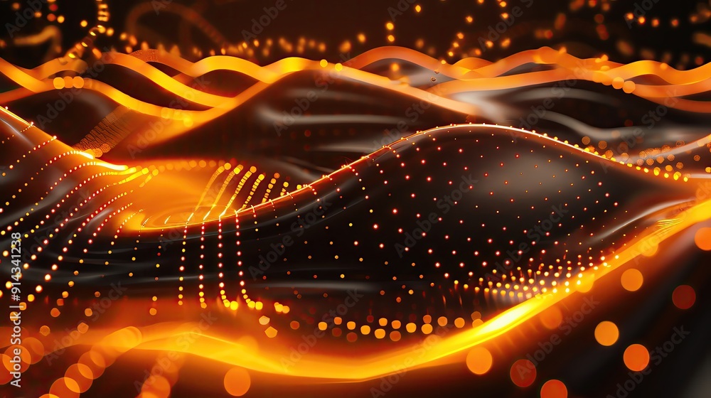 Poster dynamic abstract waves with glowing orange hues and shimmering dots create a captivating visual expe
