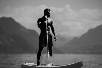 Male fit strong muscular model with paddle board. Guy paddling on paddleboard. Healthy summer lifestyle. Water sport. SUP surfing in summer vacation in Alps lake in Switzerland.