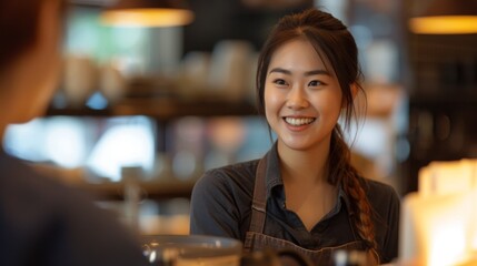 Asian woman serving customers in a retail or restaurant setting