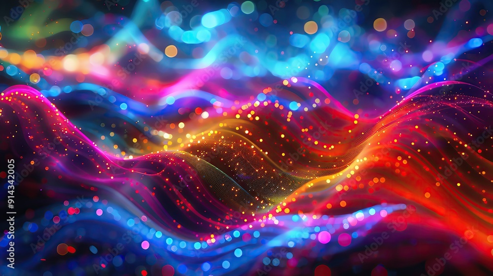 Poster colorful abstract waves with sparkling particles create a vibrant and dynamic visual atmosphere, ide