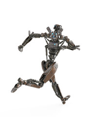 apocalypse cyborg is running like a comic hero in rear view