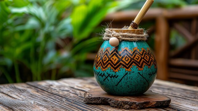 Colorful traditional mate cup displayed on wooden surface with lush greenery in the background, perfect for cultural themes.