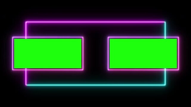 Colorful and gold frames with green screen. Green box neon lights effect. neon line frame with green screen. Polygon luxury