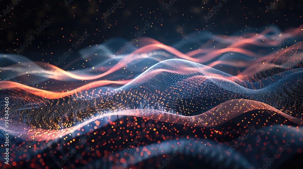 Poster abstract representation of flowing waves with vibrant colors and particles, creating a visually stri
