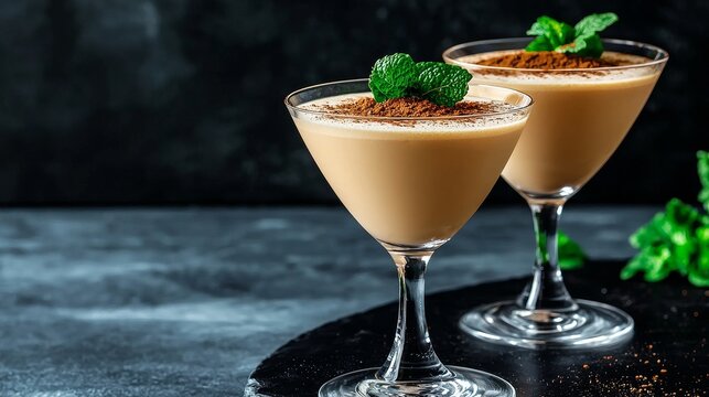 Delicious creamy dessert cocktail with chocolate and mint garnish, perfect for special occasions and celebrations.
