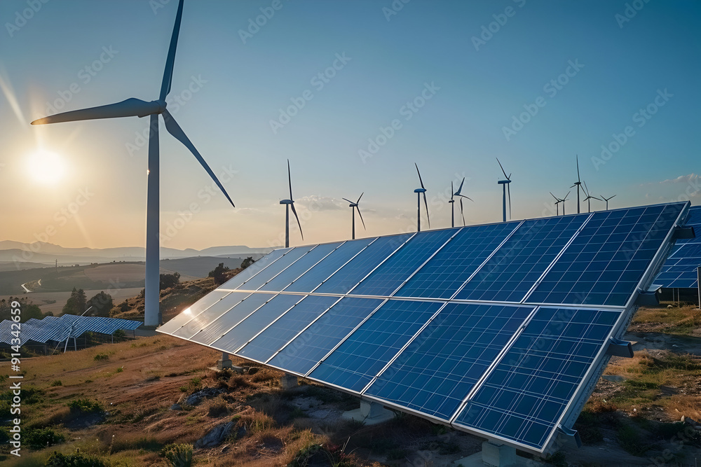 Poster a large solar panel array in a field with wind turbines in the background.