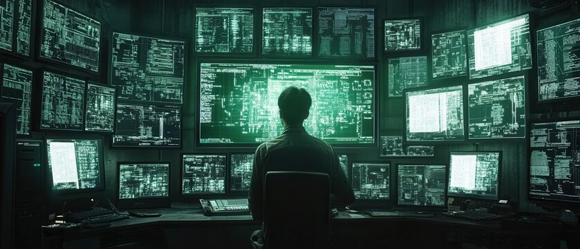 Asian hacker in a darkened room surrounded by screens displaying complex encryption algorithms and cybersecurity measures