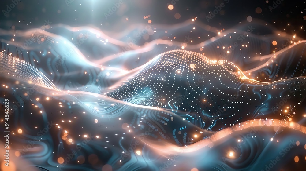 Poster a mesmerizing digital landscape featuring flowing waves of light and color, illuminated by sparkling