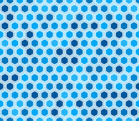 Abstract template background. Rounded hexagons mosaic pattern with inner solid cells. Blue color tones. Hexagon cells. Seamless pattern. Tileable vector illustration.