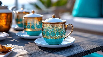 Fototapeta premium Elegant ceramic cup on a stylish table, featuring intricate patterns and vibrant colors, perfect for tea or coffee moments.