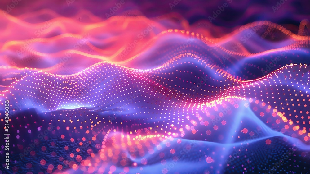 Poster colorful abstract landscape of flowing waves with vibrant light particles, creating a mesmerizing di