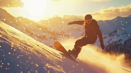 Silhouette of woman snowboarder jumping high above snowy mountain peak under vibrant sunset sky