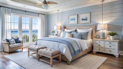 Fototapeta premium Coastal Chic Bedroom: Where Ocean Breezes Meet Modern Design Generative AI