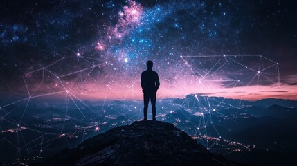 Silhouette of a Man Standing on a Mountaintop Under a Starry Sky