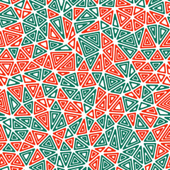 Abstract Mosaic Background. Multiple repeated inner triangles. Compact triangle size. Multiple colors style. Seamless pattern. Elegant vector tiles. Vibrant vector illustration.