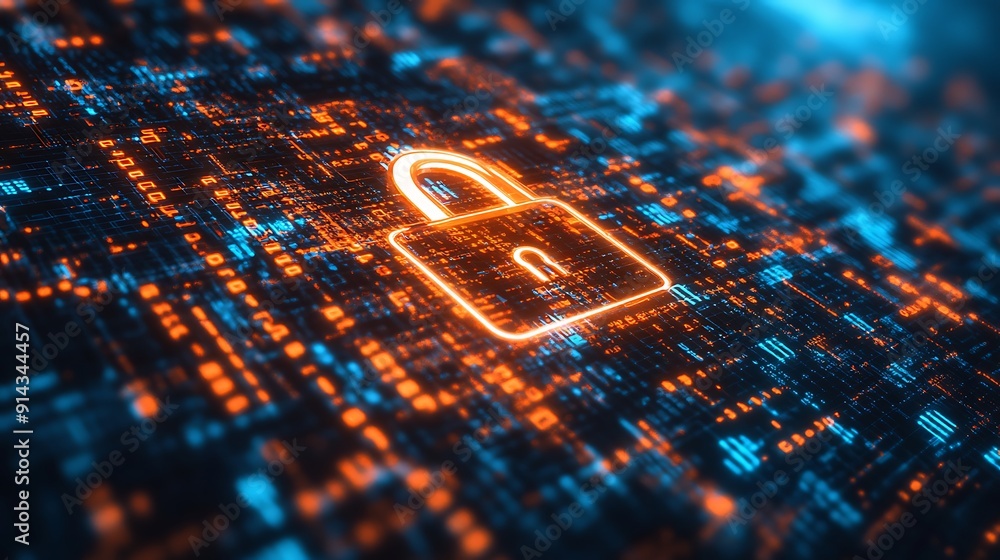 Poster glowing padlock symbol on abstract digital circuitry background