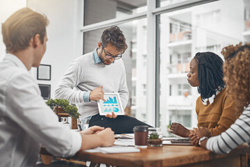 Business man, tablet and charts in team meeting with social media and marketing trend forecast on digital platform. Statistics, graphs and research info for planning and strategy for company website