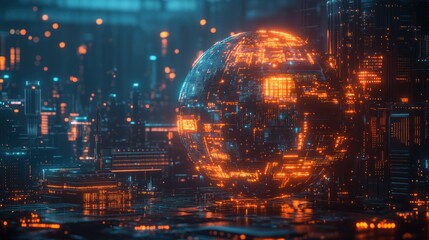 Digital Cityscape with a Glowing Sphere