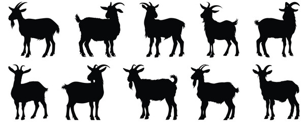 Goat silhouettes set, animal pack of vector silhouette design, isolated background