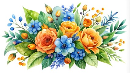 A Symphony of Blue and Orange: A Watercolor Bouquet  AI generated