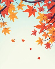 Vibrant autumn leaves in shades of red and orange against a soft blue background, symbolizing the beauty of fall.