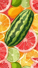 Vibrant slices of citrus fruits and watermelon pattern, illustration of a seamless background for a summer concept.