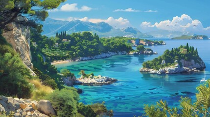 Obraz premium Tranquil Coastal Landscape With Lush Greenery and Sparkling Water