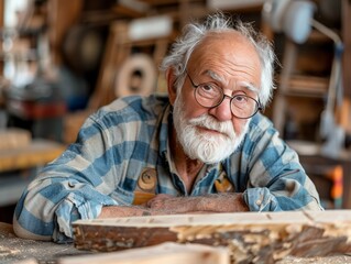 Close-up of a senior man focused on learning woodworking techniques in a workshop setting