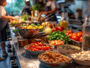 A cheerful cooking class with students of all ages, various ingredients and kitchen tools on the table
