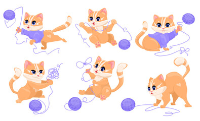 Red cat playing with a ball of thread in different poses. Vector cartoon flat illustration. different cat character on white background. 