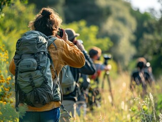 Fototapeta premium A group of adults participating in a photography walk, learning to capture outdoor scenes