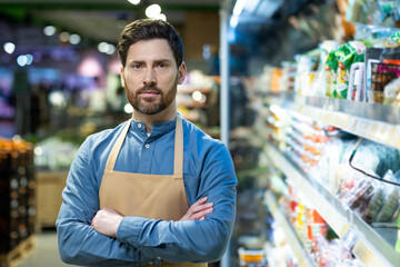 Male grocery store worker standing confidently in store aisle with arms crossed, wearing apron and blue shirt. Shelves stocked with various products visible in background, suggesting retail, business