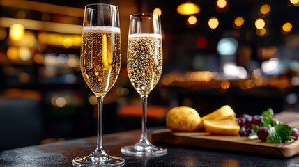 Two elegant flutes of sparkling wine sit on a table with gourmet snacks, creating a festive atmosphere for celebration and indulgence.