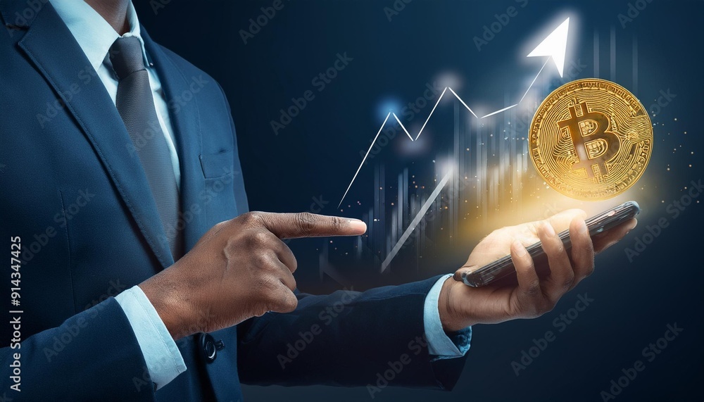 Poster close up of businessman hand pointing at cellphone with golden bitcoin arrow and index on dark backg
