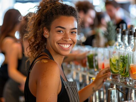 A cheerful group of people learning to make cocktails in a mixology class