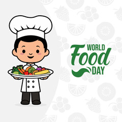 World Food Day On October 16 Background Design.  Cartoon Chef with Food Plate Vector Design for World Food Day.
