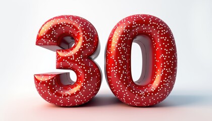 Red number 30 balloon with white polka dots, against a white background, celebrating a special milestone or anniversary.