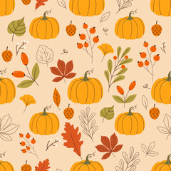 Autumn seamless pattern with mushrooms, autumn leaves, pumpkins and branches seamless pattern vector. Autumn themes, Halloween, Thanksgiving design elements, flat
