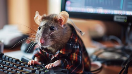 A Rat Dressed in a Plaid Shirt Typing on a Keyboard