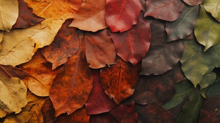 Vibrant carpet of fallen leaves in shades of red, orange, yellow, and brown creates a stunning autumn display, ideal for seasonal designs