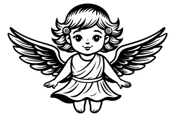 Flying angel cupid with a shotgun in outline style. Black and white logo or icon flying cute cupid angel with a halo over his head and weapons. Cartoon isolated logo on white background. Vector