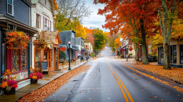 Autumn leaves blanket the quiet street of a charming small town in October