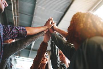 Group, students and high five with people, happy or excited in celebration for diversity at...