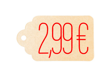 A price tag for 2,99 euros of craft paper. Bargain. Black friday shopping concept.