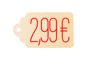 A price tag for 2,99 euros of craft paper. Bargain. Black friday shopping concept.