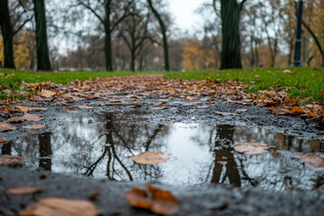 Obraz premium A serene park pathway reflecting autumn leaves and trees after rainfall on a cloudy day