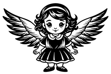 Flying angel cupid with a shotgun in outline style. Black and white logo or icon flying cute cupid angel with a halo over his head and weapons. Cartoon isolated logo on white background. Vector