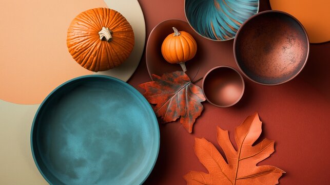 Set a festive fall table with colorful plates, pumpkins, and leaves on a red background. Perfect for thanksgiving or autumn gatherings, this stylish design offers copy space for holiday messages